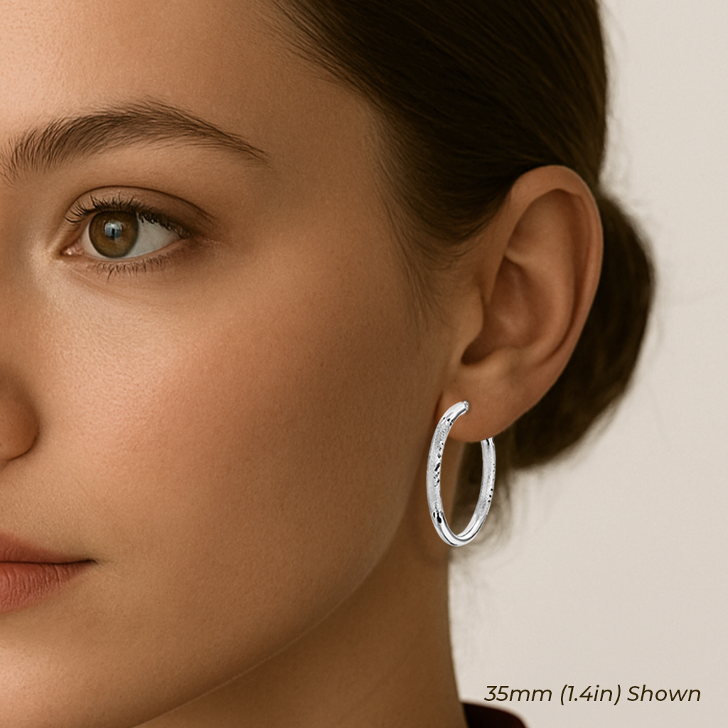 Sterling Silver Round Hoop Earrings, Floral Diamond-Cut Design