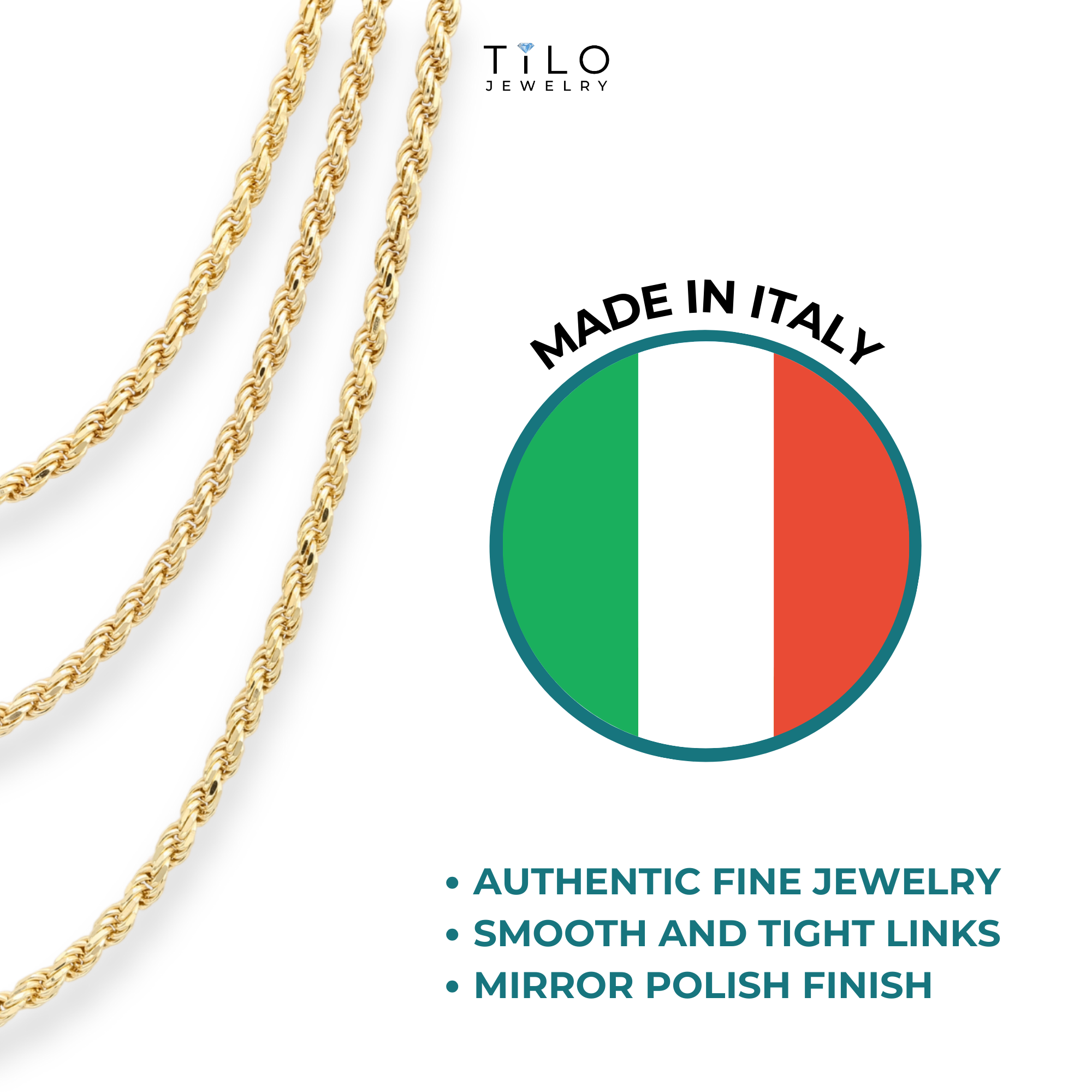 Italian Rope Chains with Strong Lobster Lock, Sterling Silver Dipped In 14K Gold