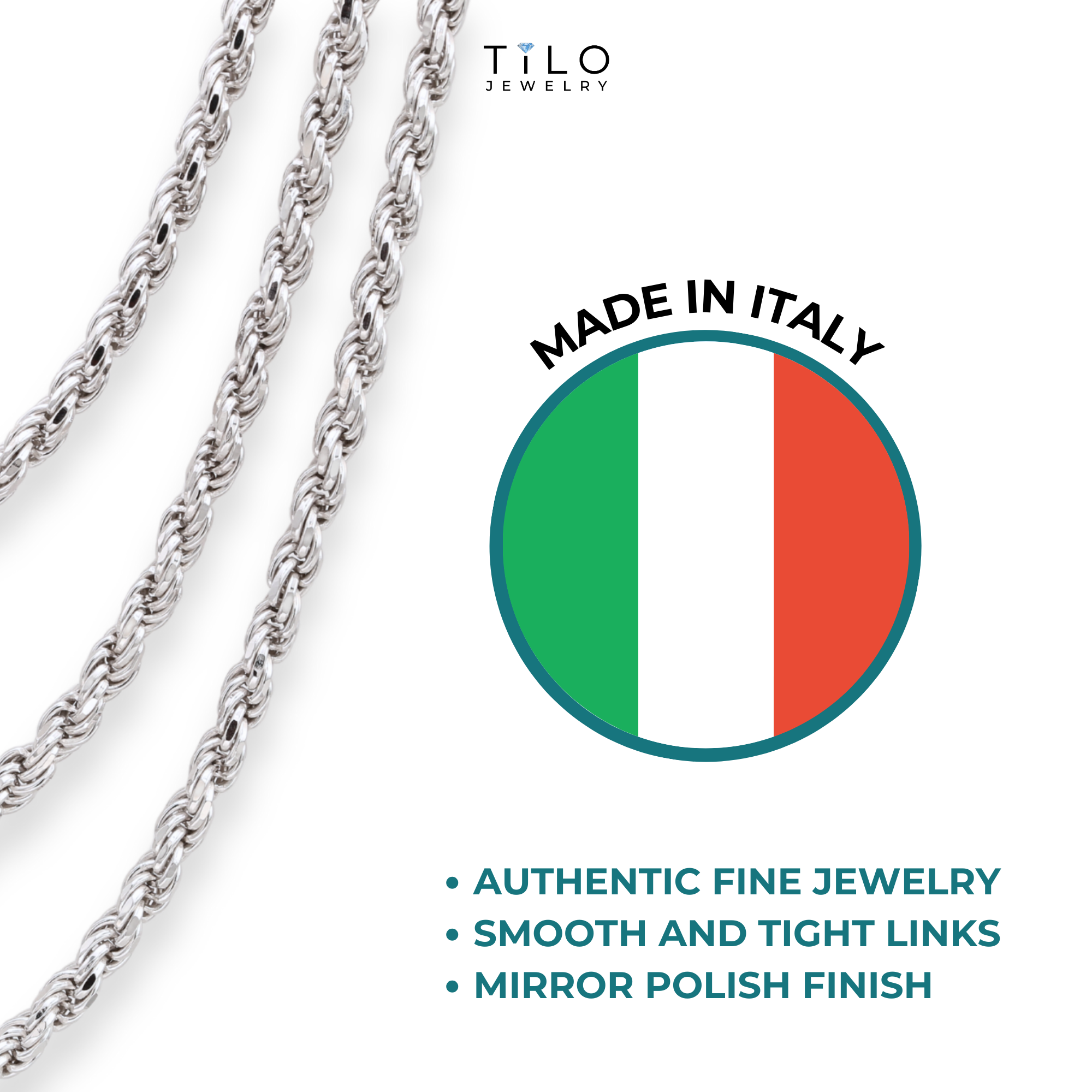 Italian Rope Chains with Strong Lobster Lock in Sterling Silver