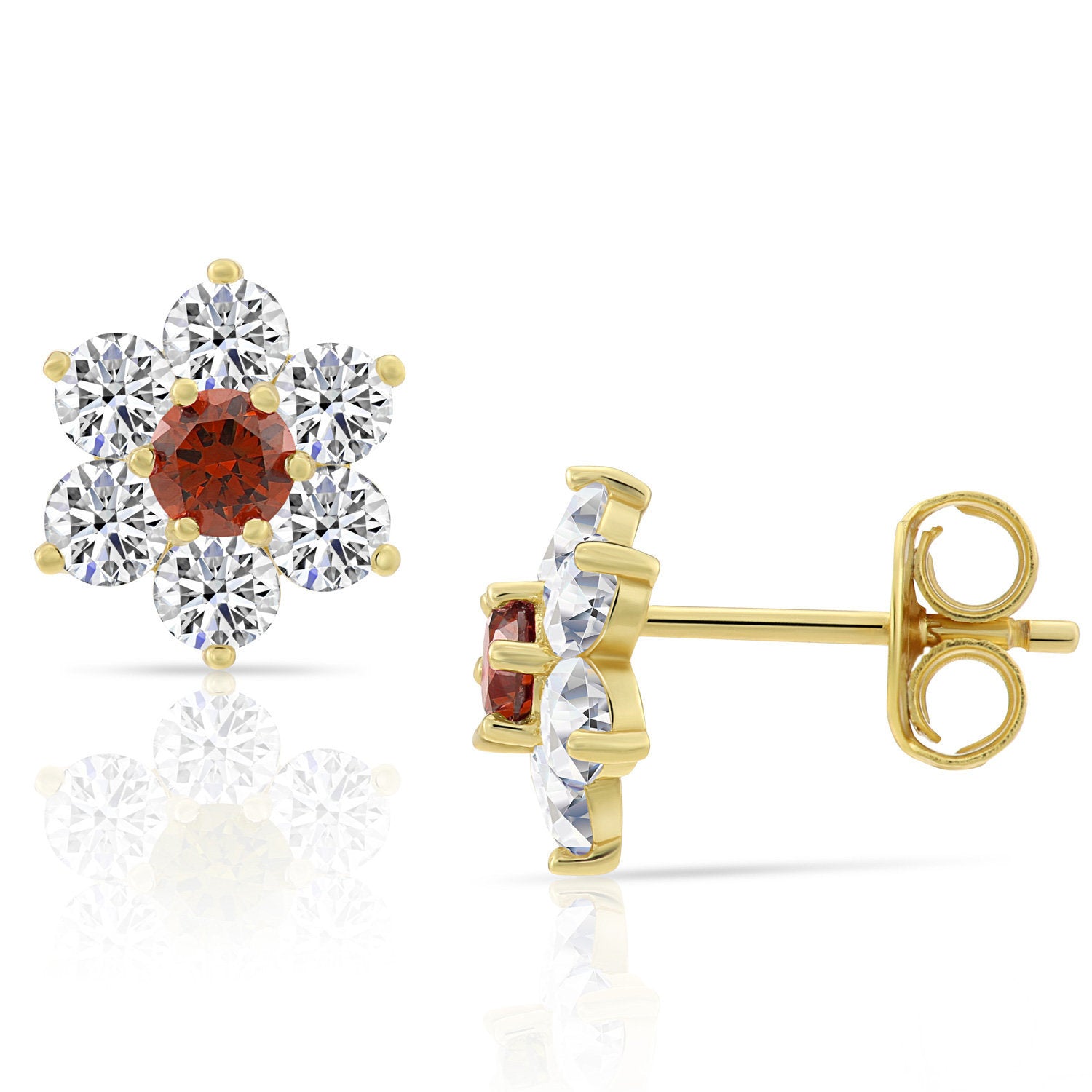 CZ Gold Plated Yellow-tone Flower Stud Earrings In with Simulated Birthstone in Sterling Silver