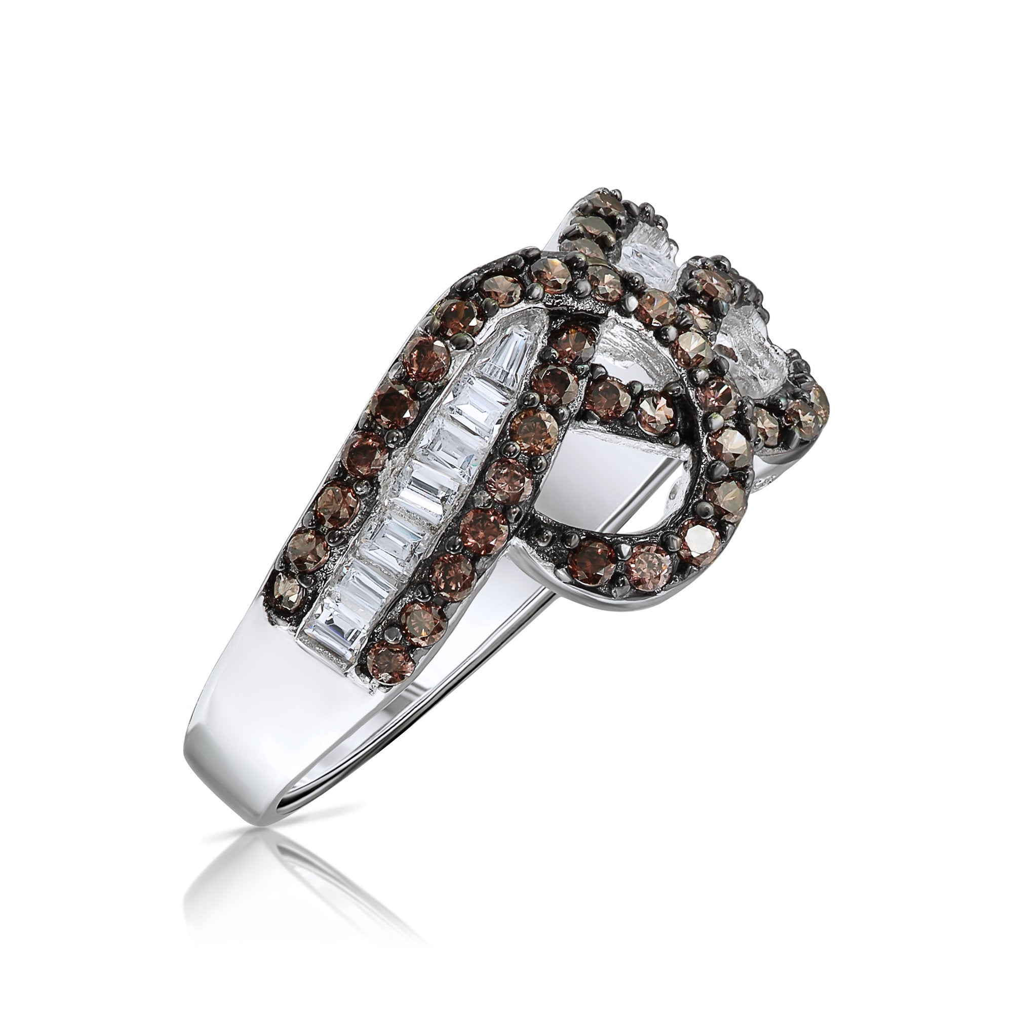 Wide Band Ring With White &amp; Coffee Brown Baguette CZ in Sterling Silver