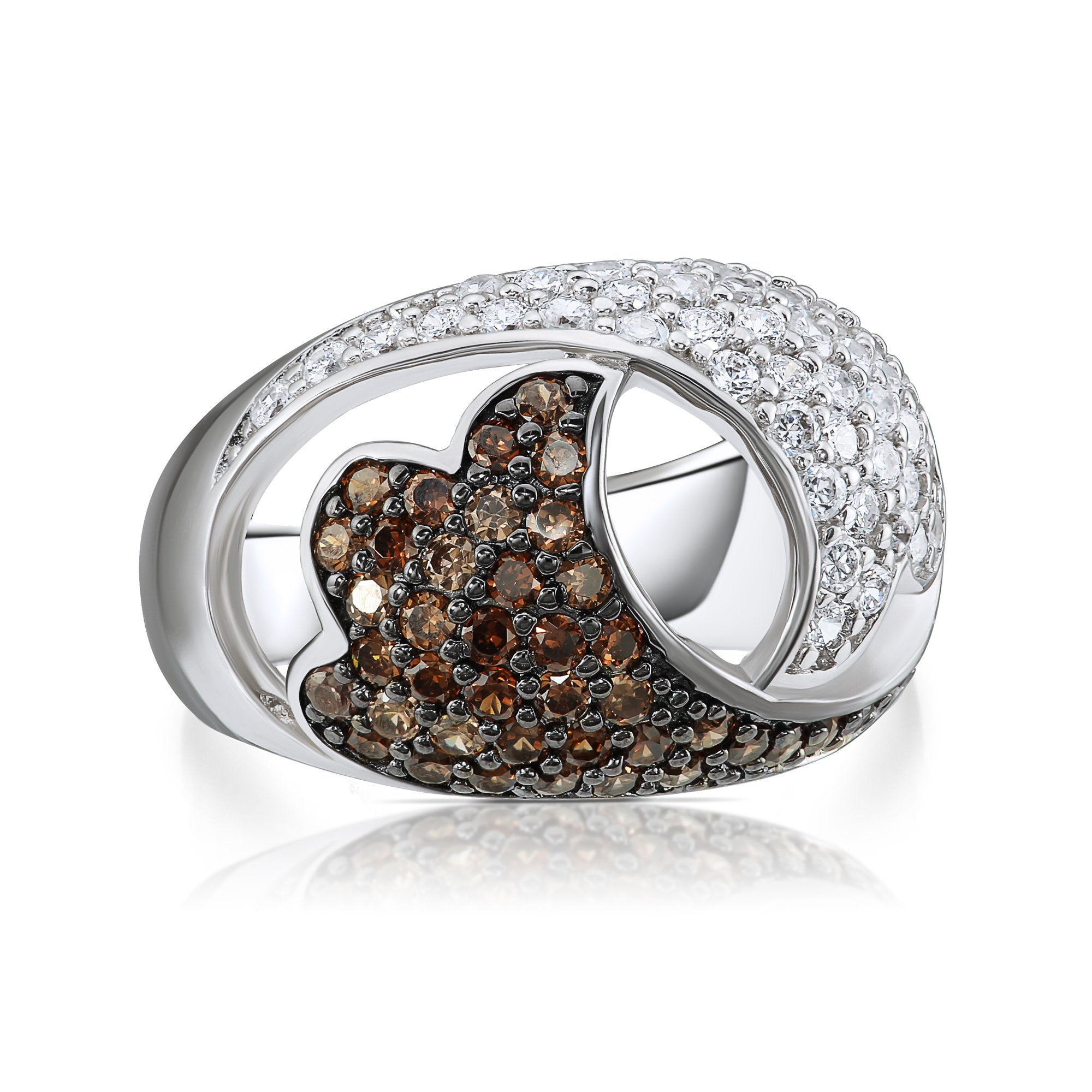 Unique Statement Ring With White &amp; Coffee Brown CZ in Sterling Silver