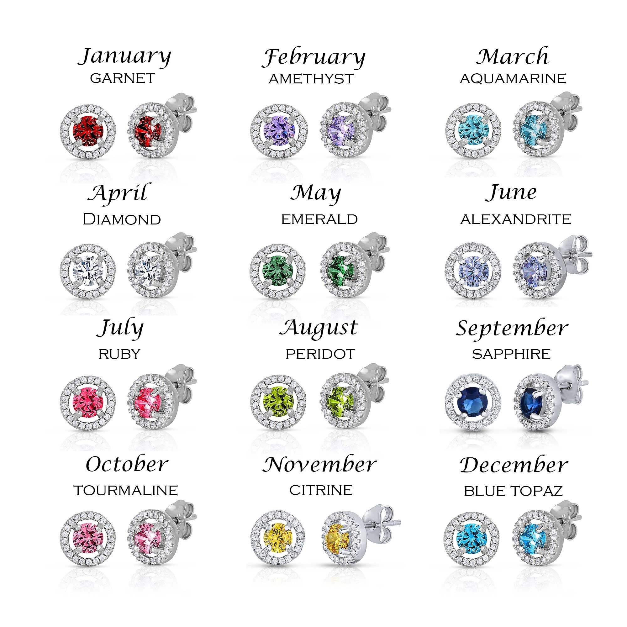 CZ Birthstone Halo Stud Earrings - Available in all 12 colors in Sterling Silver