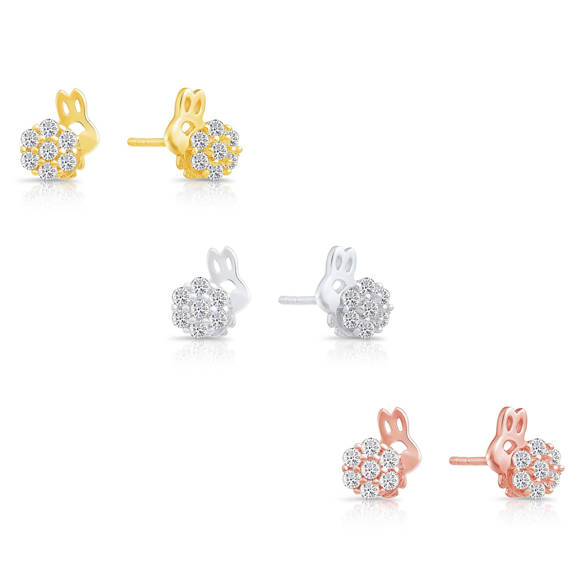 CZ Bunny Stud Earrings, Gold Plated in Sterling Silver