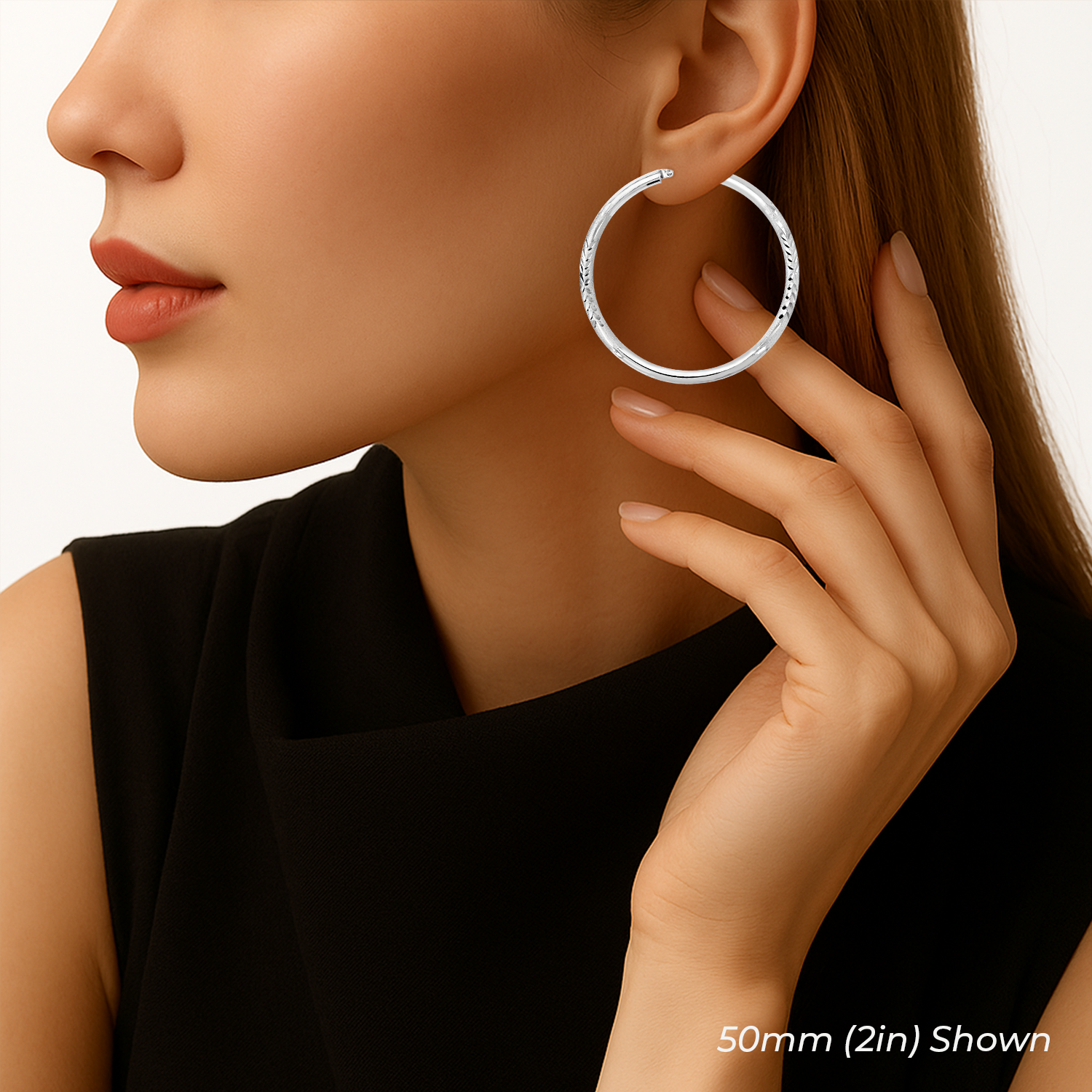 Sterling Silver Round Hoop Earrings, Floral Diamond-Cut Design