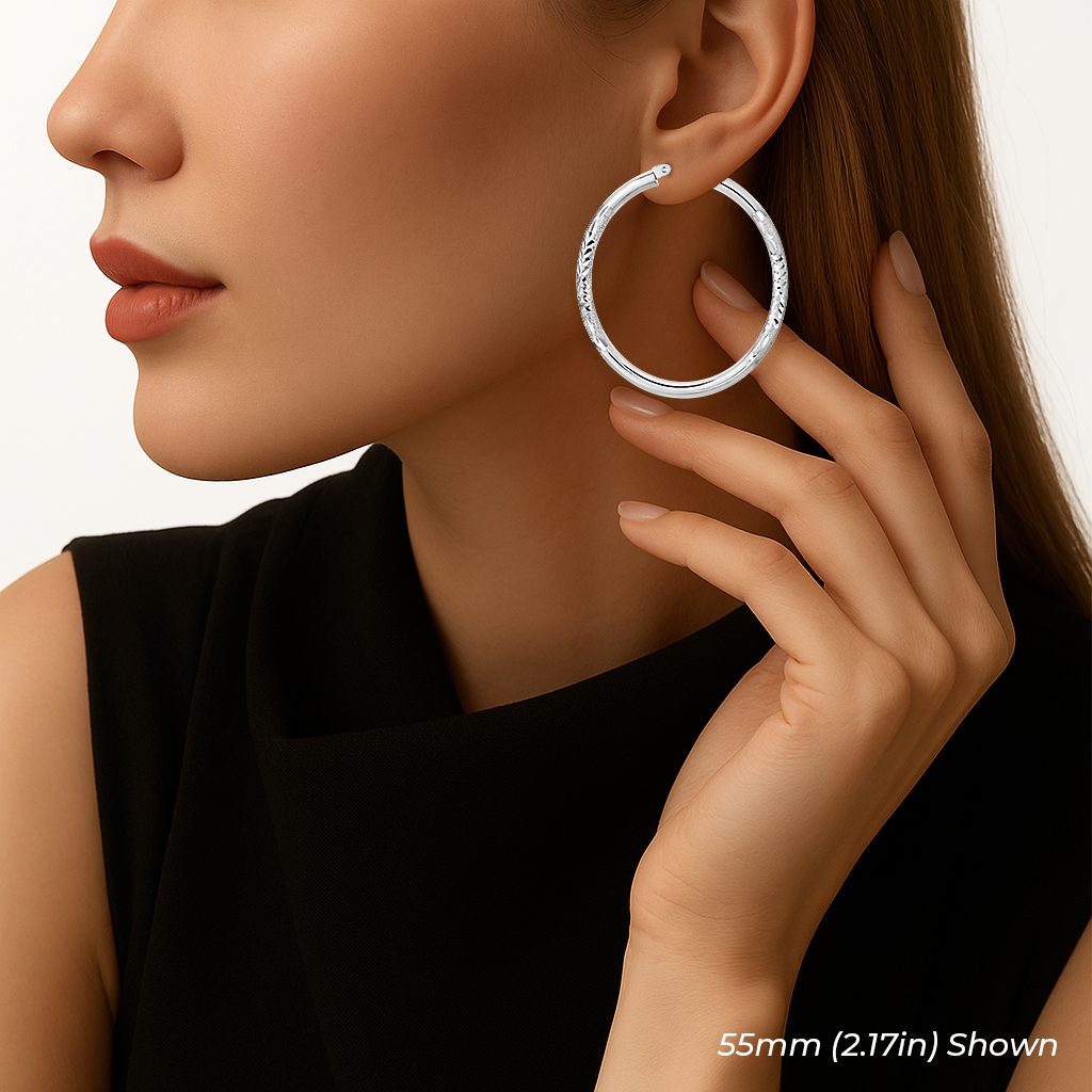 Sterling Silver Round Hoop Earrings, Floral Diamond-Cut Design