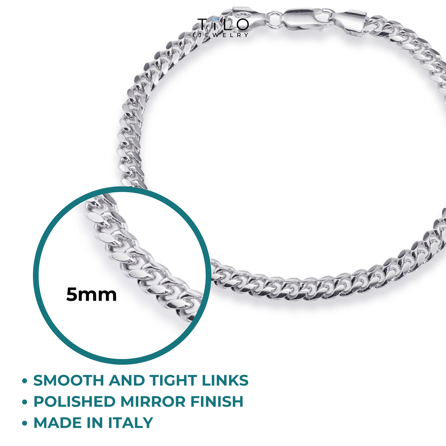 Adjustable Miami Cuban Link Bracelet in Solid Sterling Silver, Bracelet with Adjustable Length 7 to 8 inches, Made In Italy
