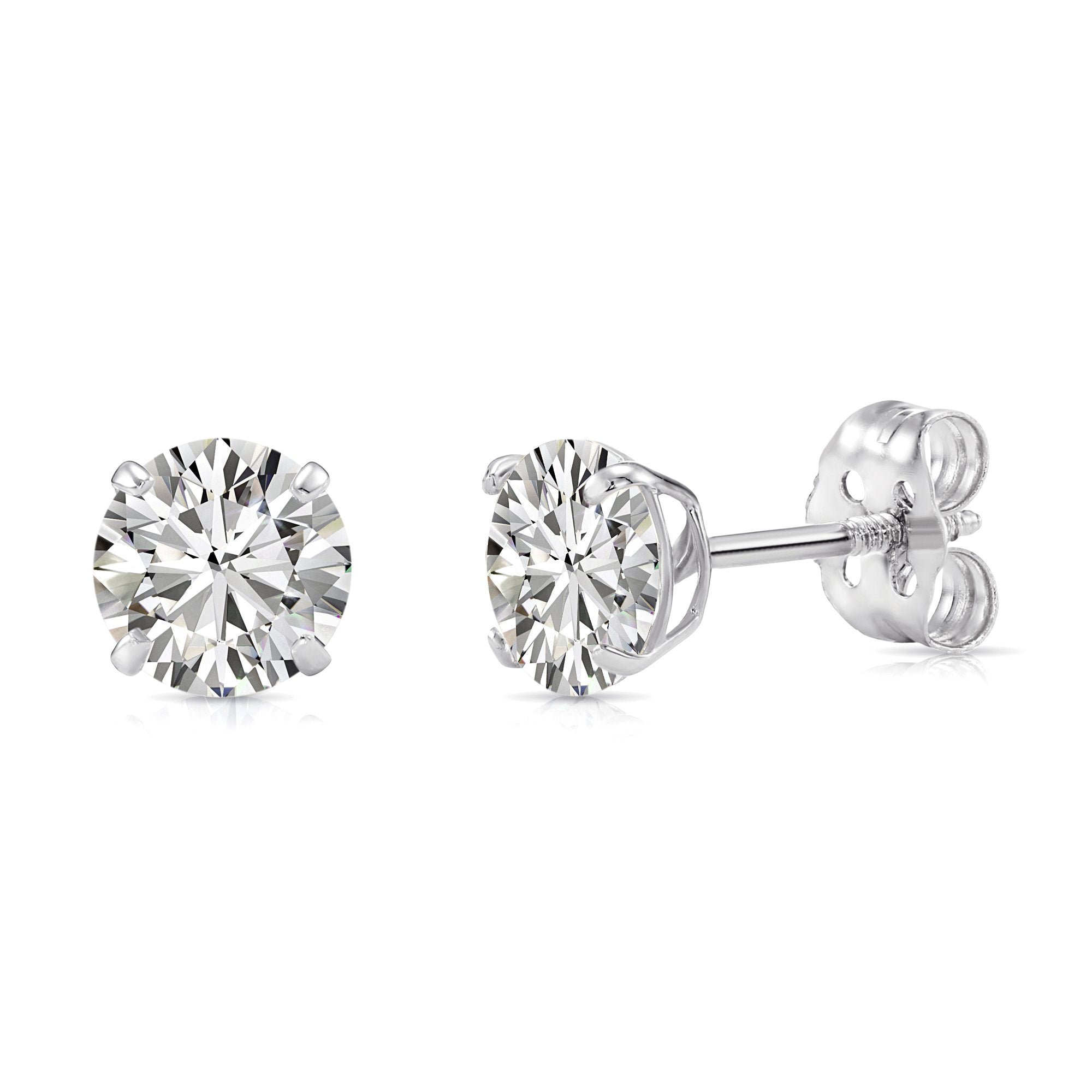 14K White Gold Classic Solitaire Stud Earrings, With Secure Push-On/Screw-off Backings