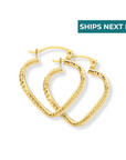 14k Yellow Gold Heart Hoop Earrings, Small Hoops with Engravings, Diamond-Cut Design 