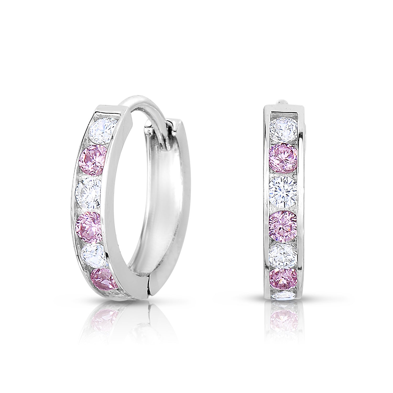 Sterling Silver CZ Birthstone Huggie Hoop Earrings, 13mm
