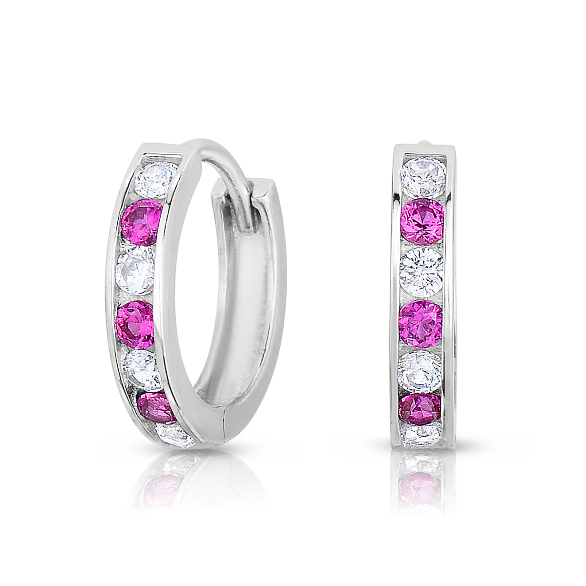 Sterling Silver CZ Birthstone Huggie Hoop Earrings, 13mm