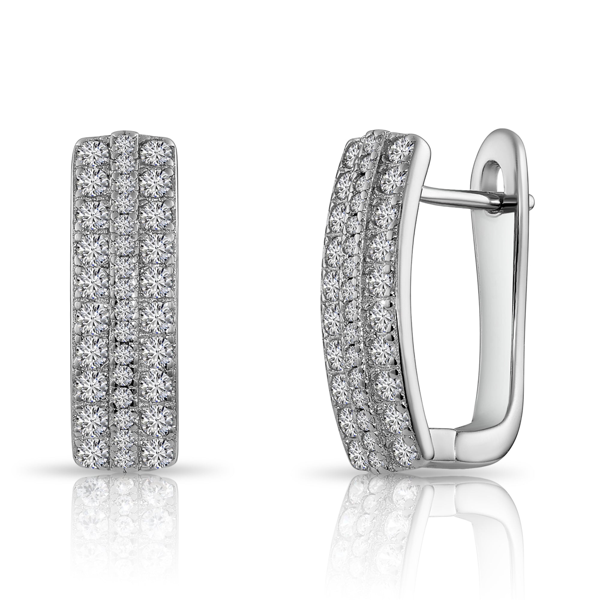 Sterling Silver Cubic Zirconia Oval Huggie Hoop Earrings, Three-Row Design