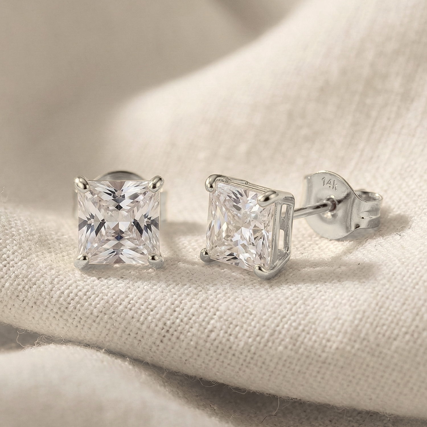 14k White Gold Square Zirconia Stud Earrings with Butterfly Pushbacks, Unisex Design, Princess Cut Studs