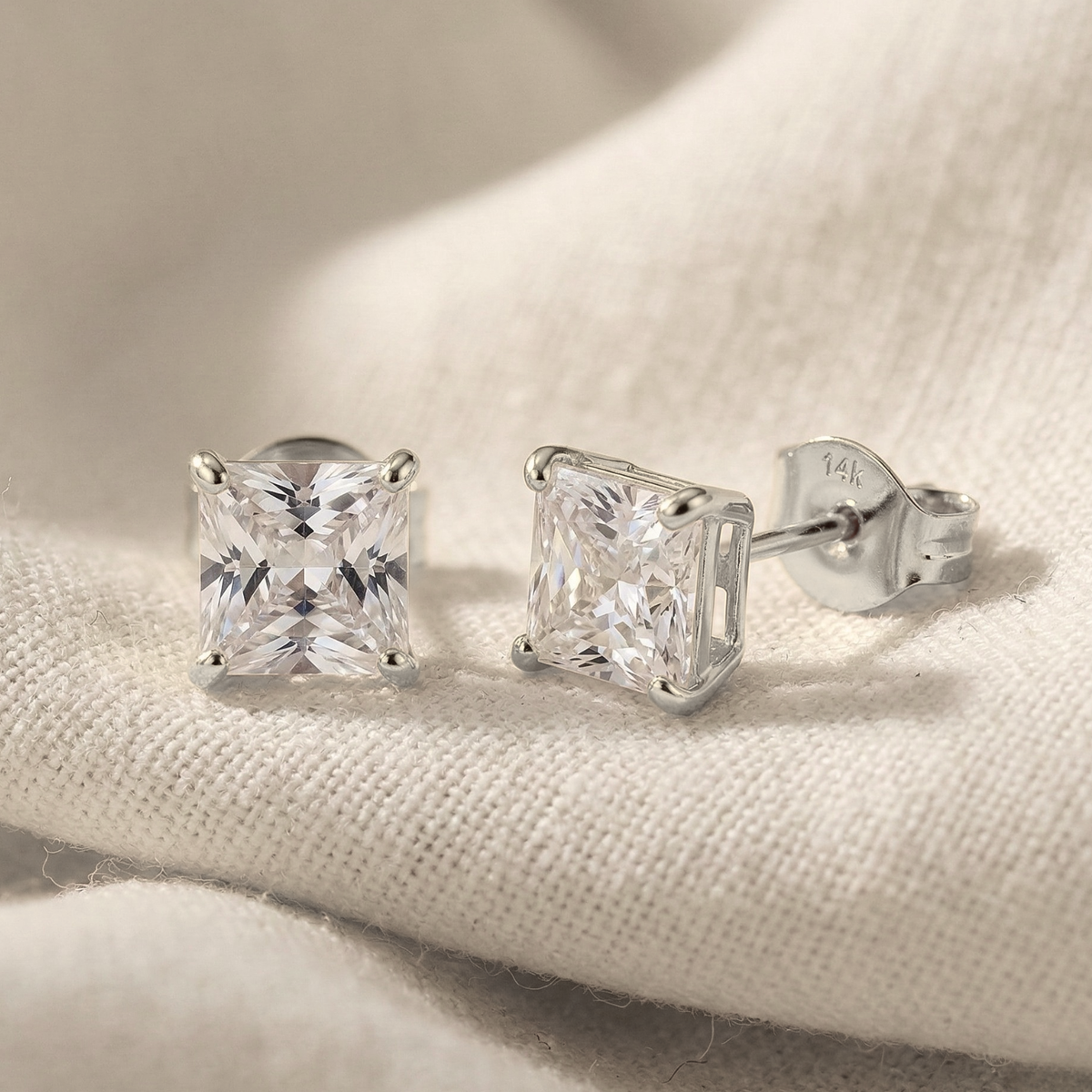 14K White Gold Princess-Cut Lab Diamond Studs, Pushback