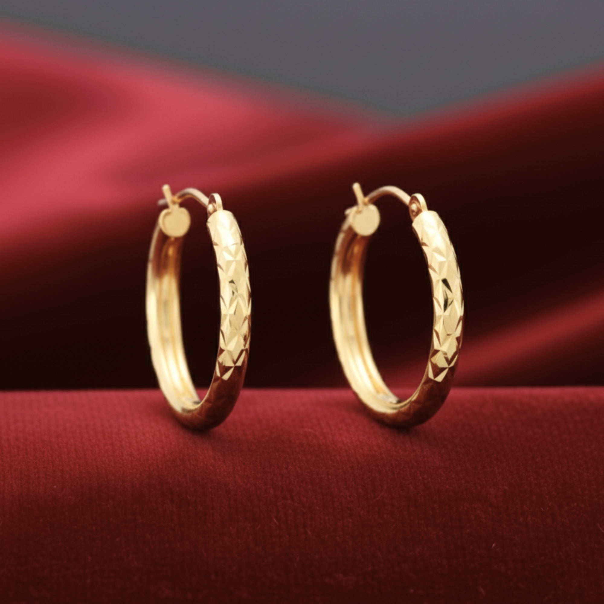 14K Yellow Gold X Pattern Diamond Cut Hoop Earrings