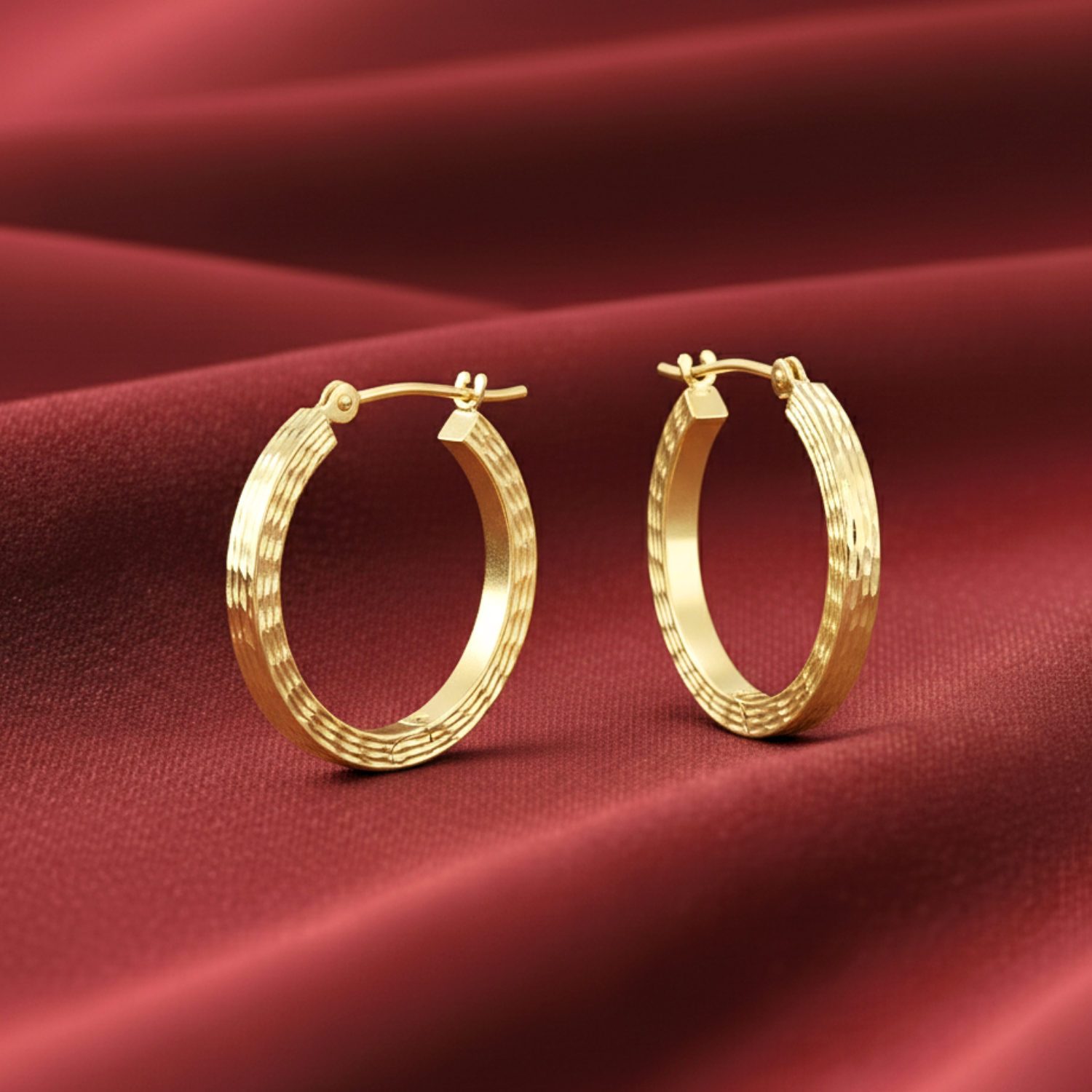 14k Solid Yellow Gold Square Tube Hoop Earrings, Diamond-Cuts Design, 2.2mm Thin