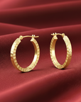 14k Solid Yellow Gold Square Tube Hoop Earrings, Diamond-Cuts Design, 2.2mm Thin