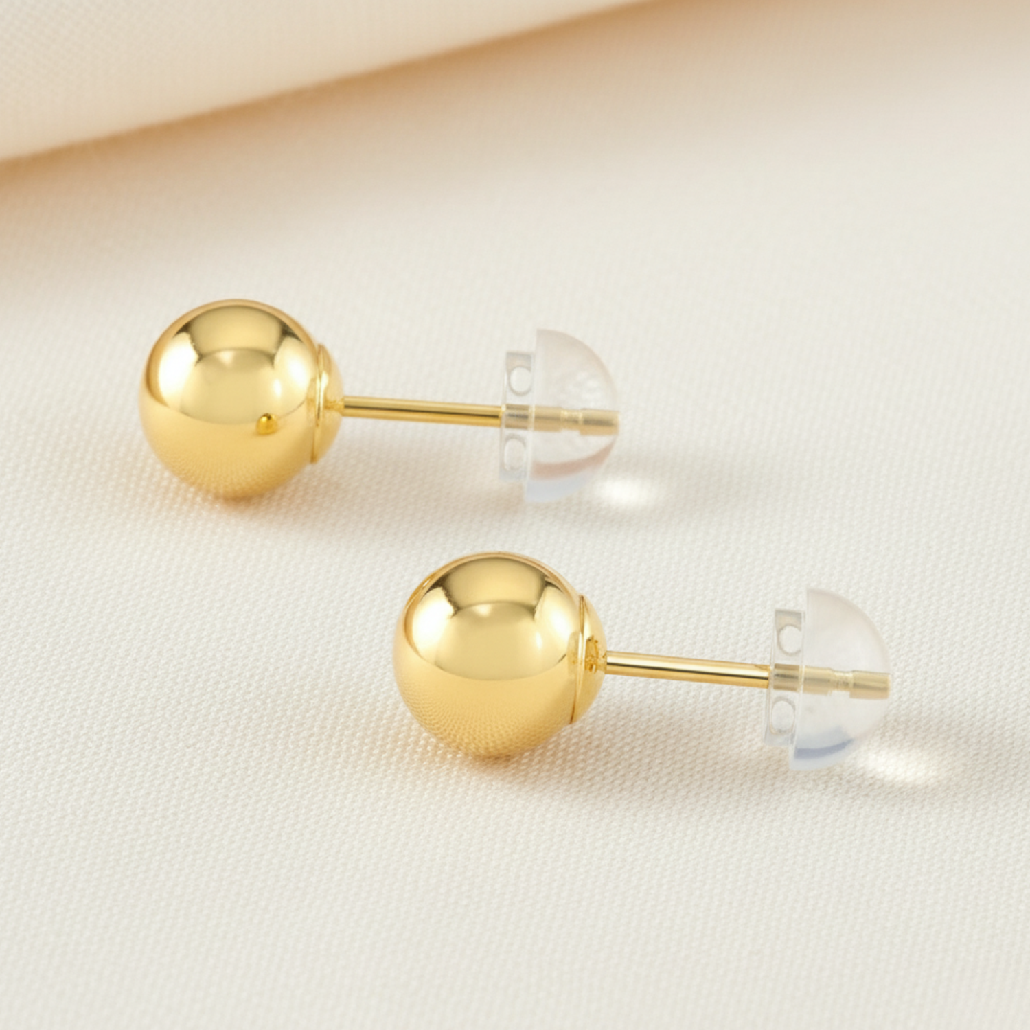 14K Yellow Gold Ball Stud Earrings, Silicone Covered Gold Push Backings (Unisex)