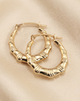 14K Yellow Gold Oval Bamboo Hoop Earrings