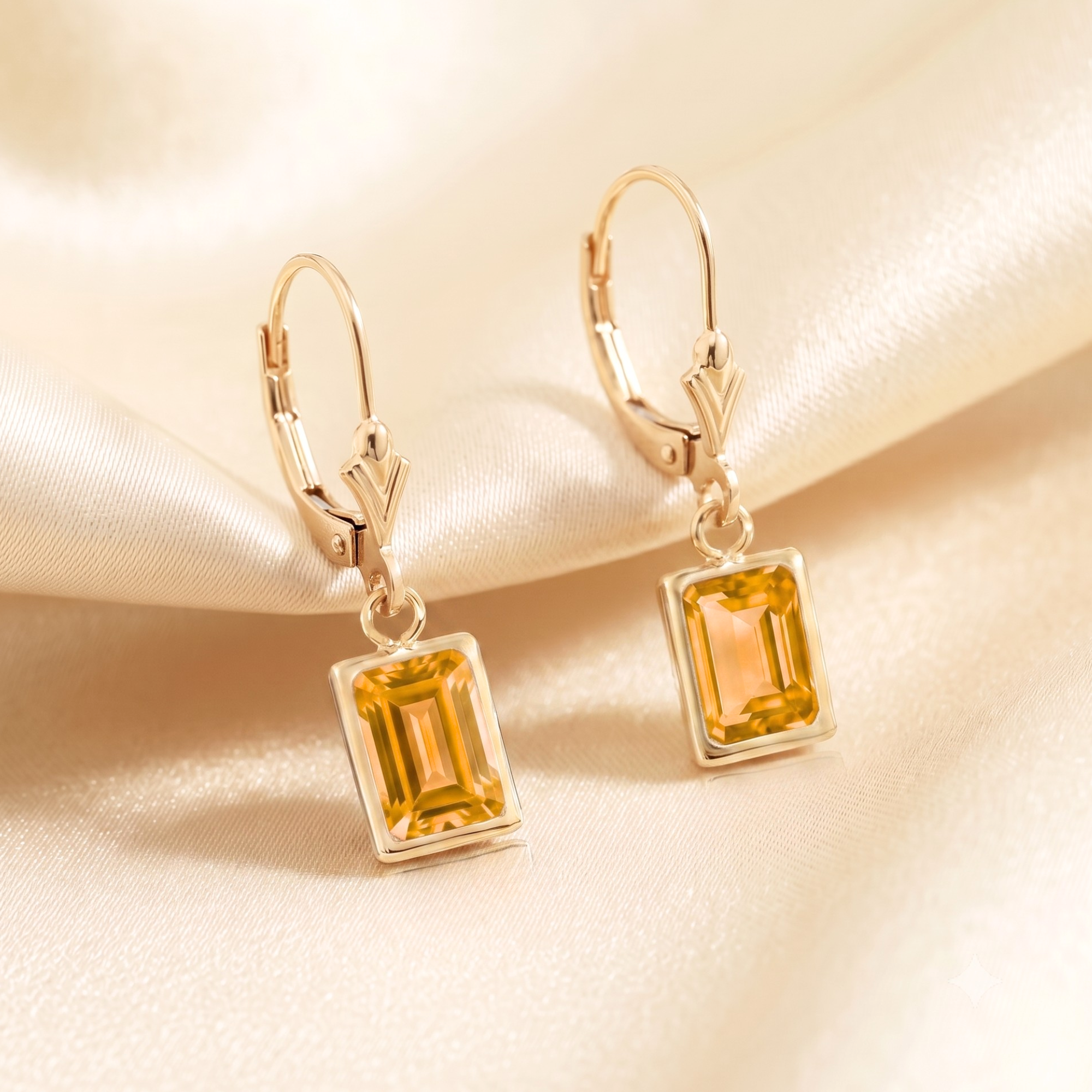 14K Gold Natural Citrine Emerald-Cut Gemstone Drop Earrings