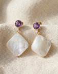 14K Gold Natural Purple Amethyst, With Mother Of Pearl Drop Earrings