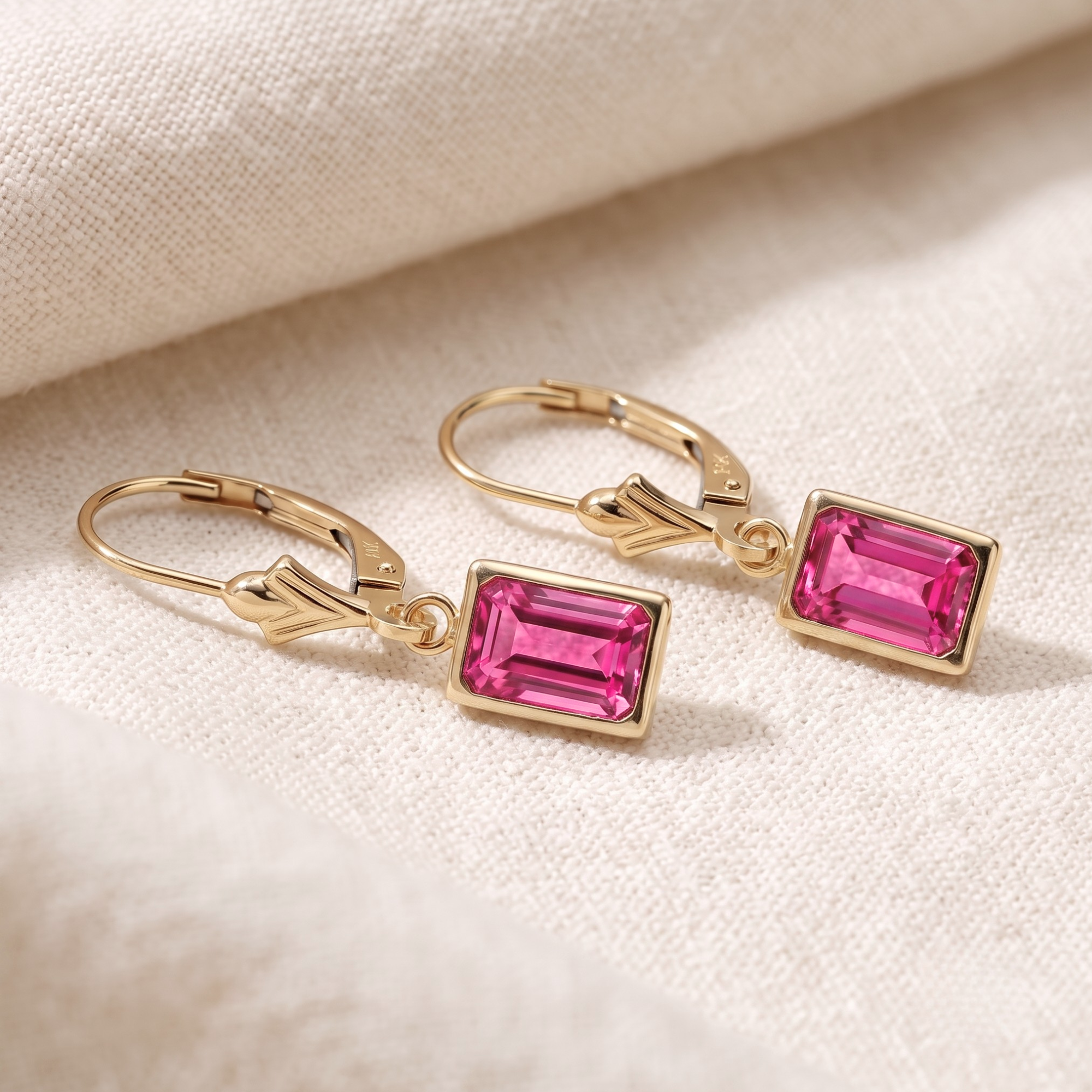 14K Gold Pink Sapphire Emerald-Cut Gemstone Drop Earrings