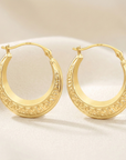 14K Yellow Gold Greek Key Curved Round Creole Hoops Earrings