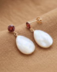 14K Gold Natural Red Garnet, With Mother Of Pearl Drop Earrings
