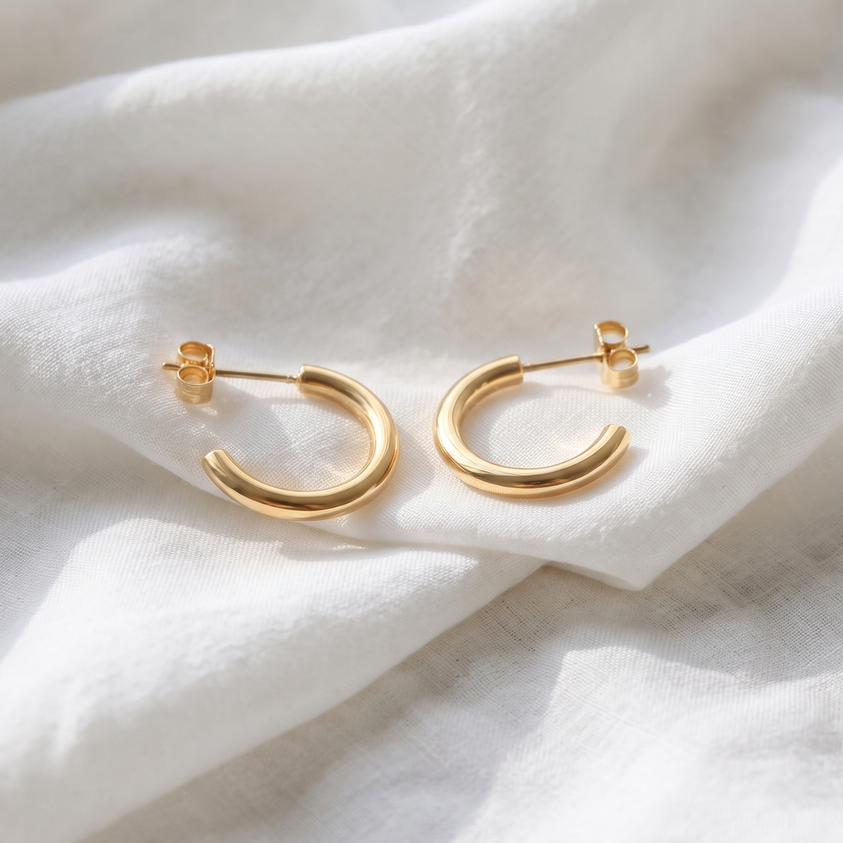 10K Yellow Gold Half Huggie Hoop Earrings, With Secure Pushbacks