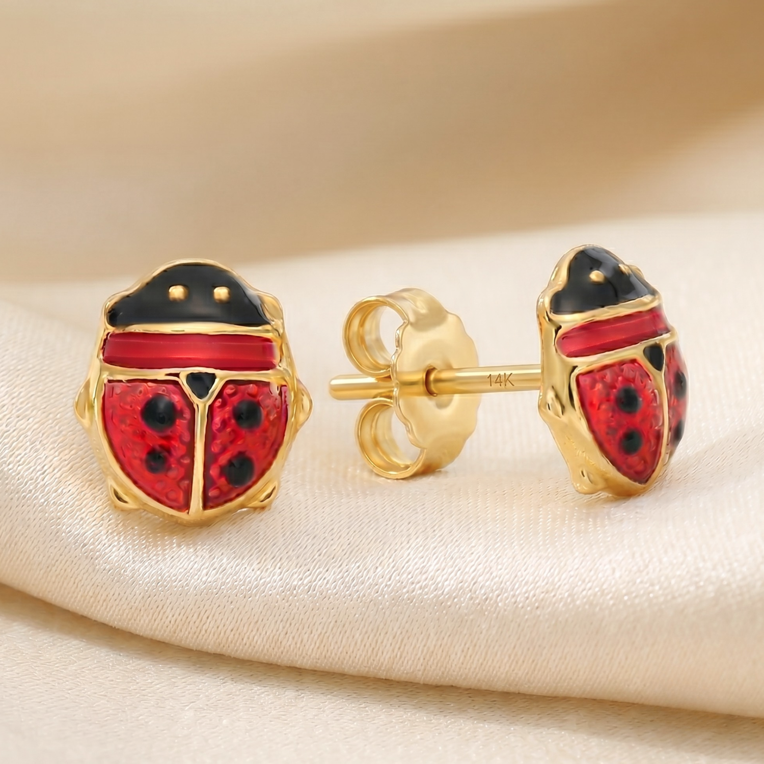 14K Yellow Gold Red Ladybug Studs, Pushback