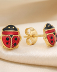 14K Yellow Gold Red Ladybug Studs, Pushback
