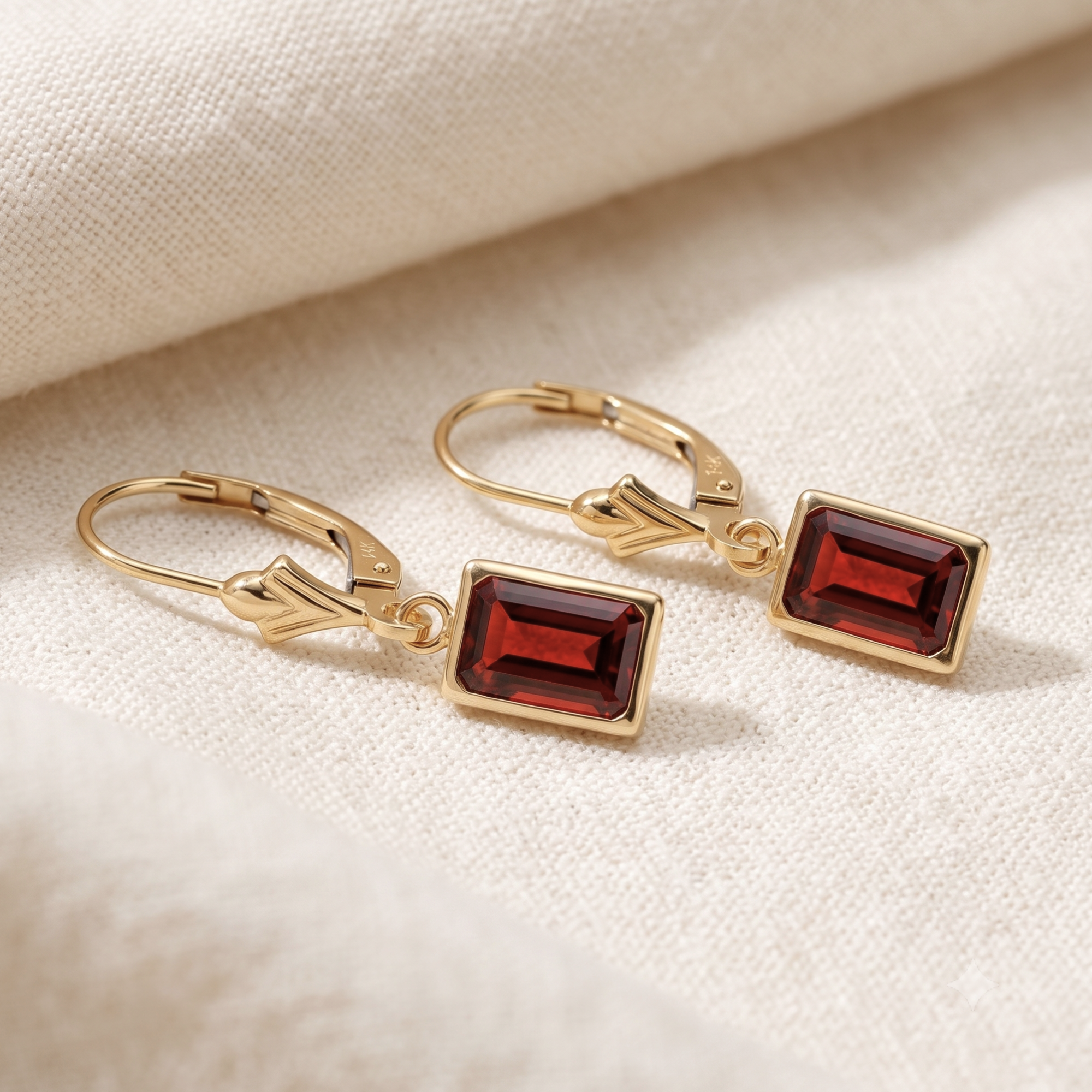 14K Gold Natural Red Garnet Emerald-Cut Gemstone Drop Earrings