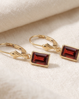 14K Gold Natural Red Garnet Emerald-Cut Gemstone Drop Earrings