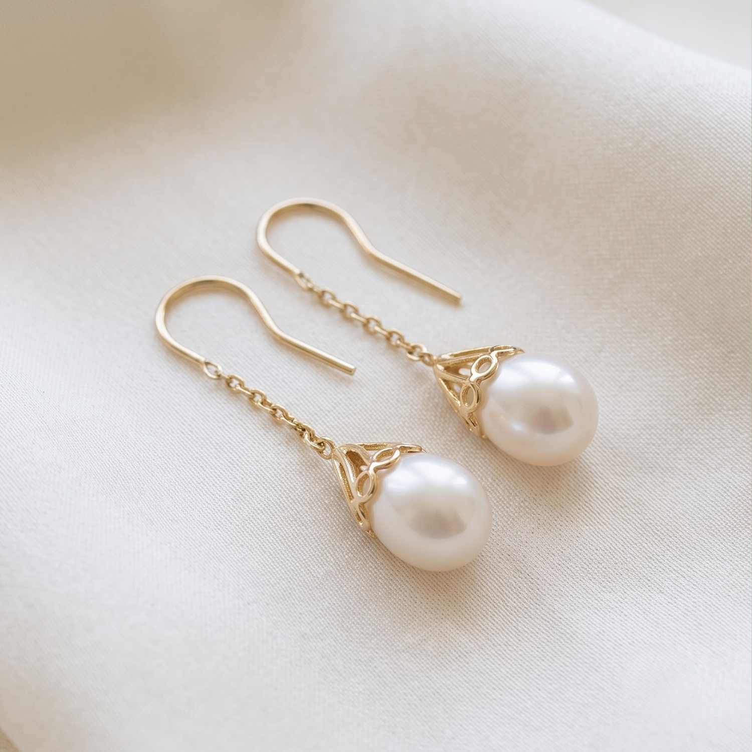 14K Yellow Gold Pearl Drop Dangle Earrings