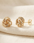 14k Gold Love Knot Stud Earrings with Hand Engraved Diamond Cuts, 9mm, Pushback Studs