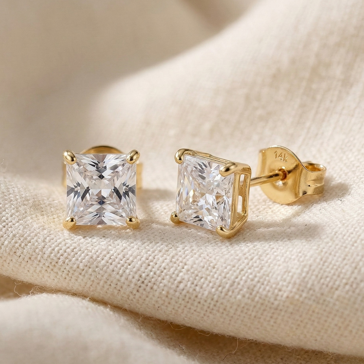 14K Yellow Gold Princess-Cut Lab Diamond Studs, Pushback