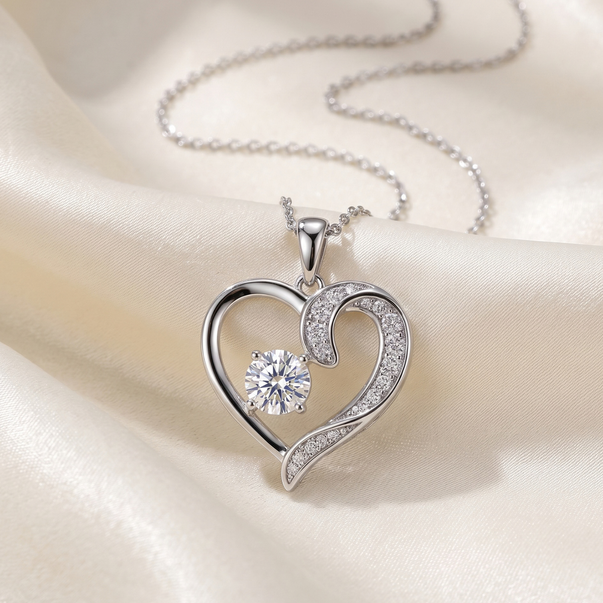 Sterling Silver Open Heart Solitaire CZ Pendant Necklace