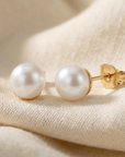 14K Yellow Gold Freshwater White Pearl Stud Earrings, With Pushbacks