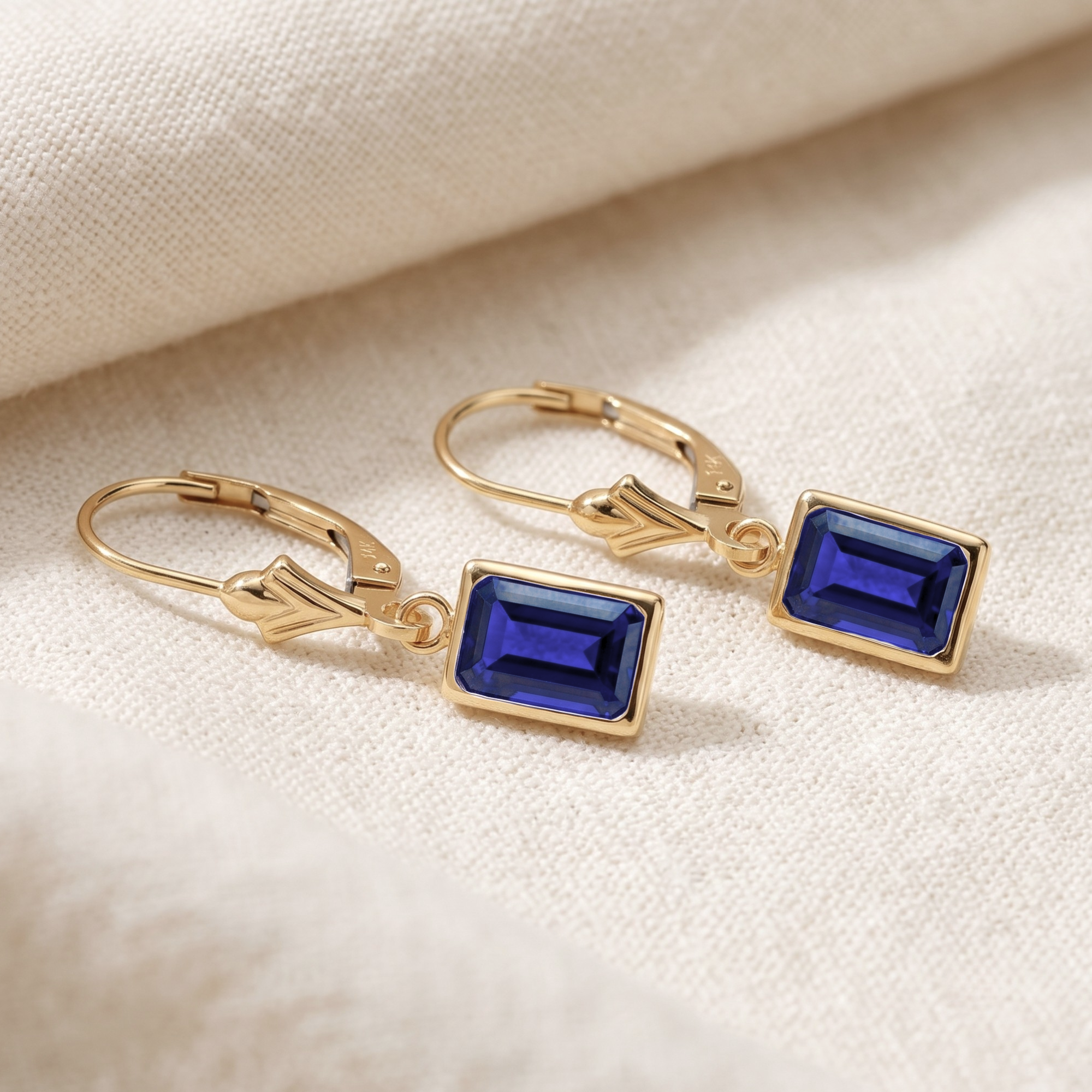 14K Gold Blue Sapphire Emerald-Cut Gemstone Drop Earrings