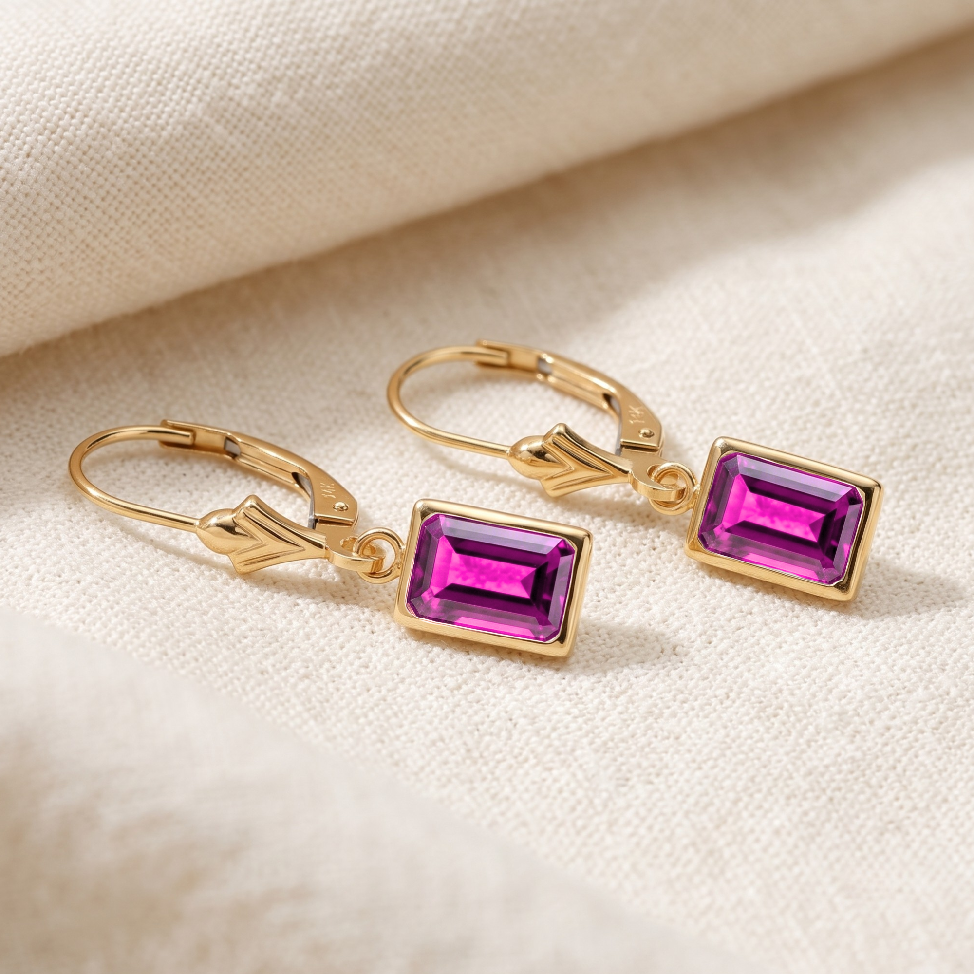 14K Gold Ruby Emerald-Cut Gemstone Drop Earrings