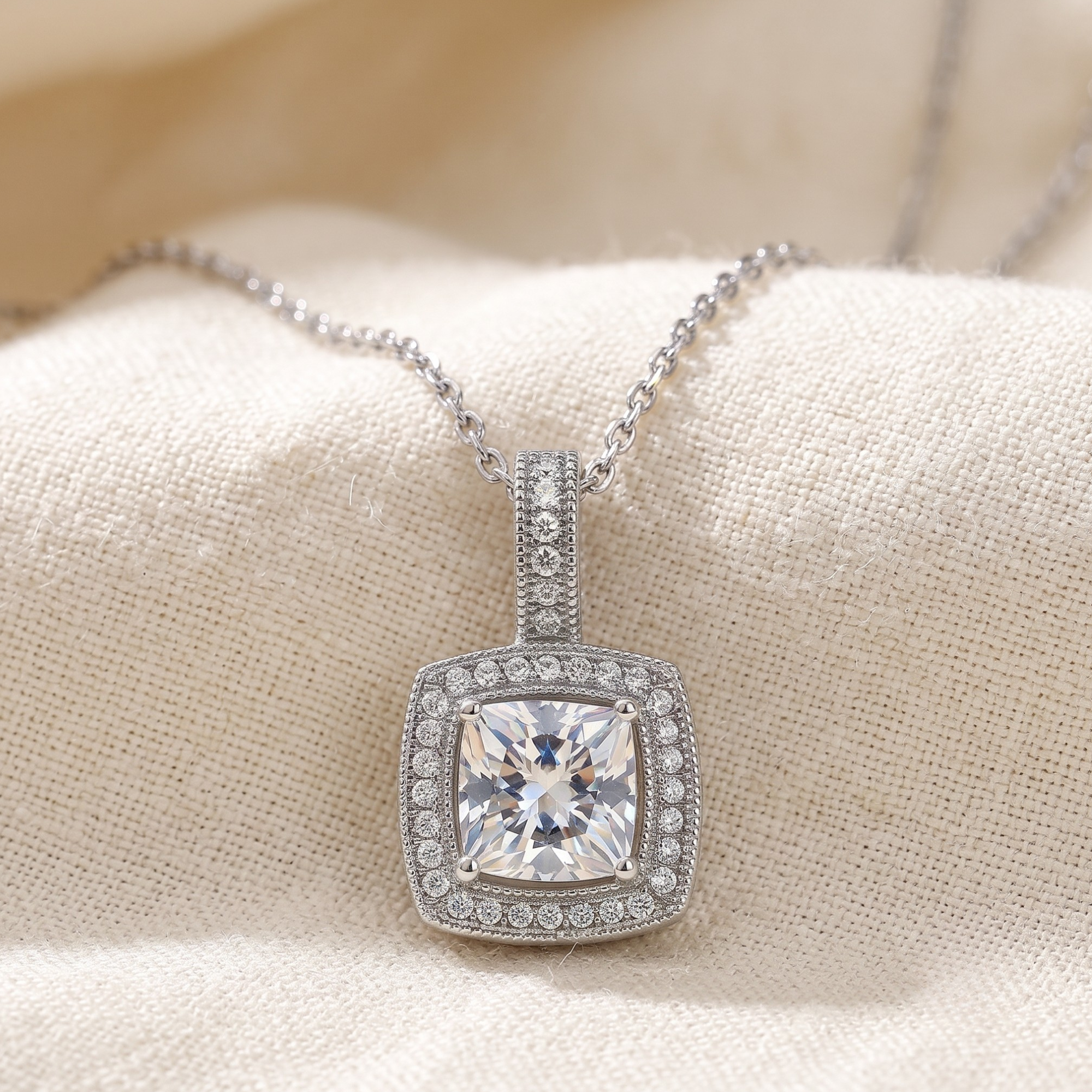 Sterling Silver Round Halo CZ Pendant Necklace