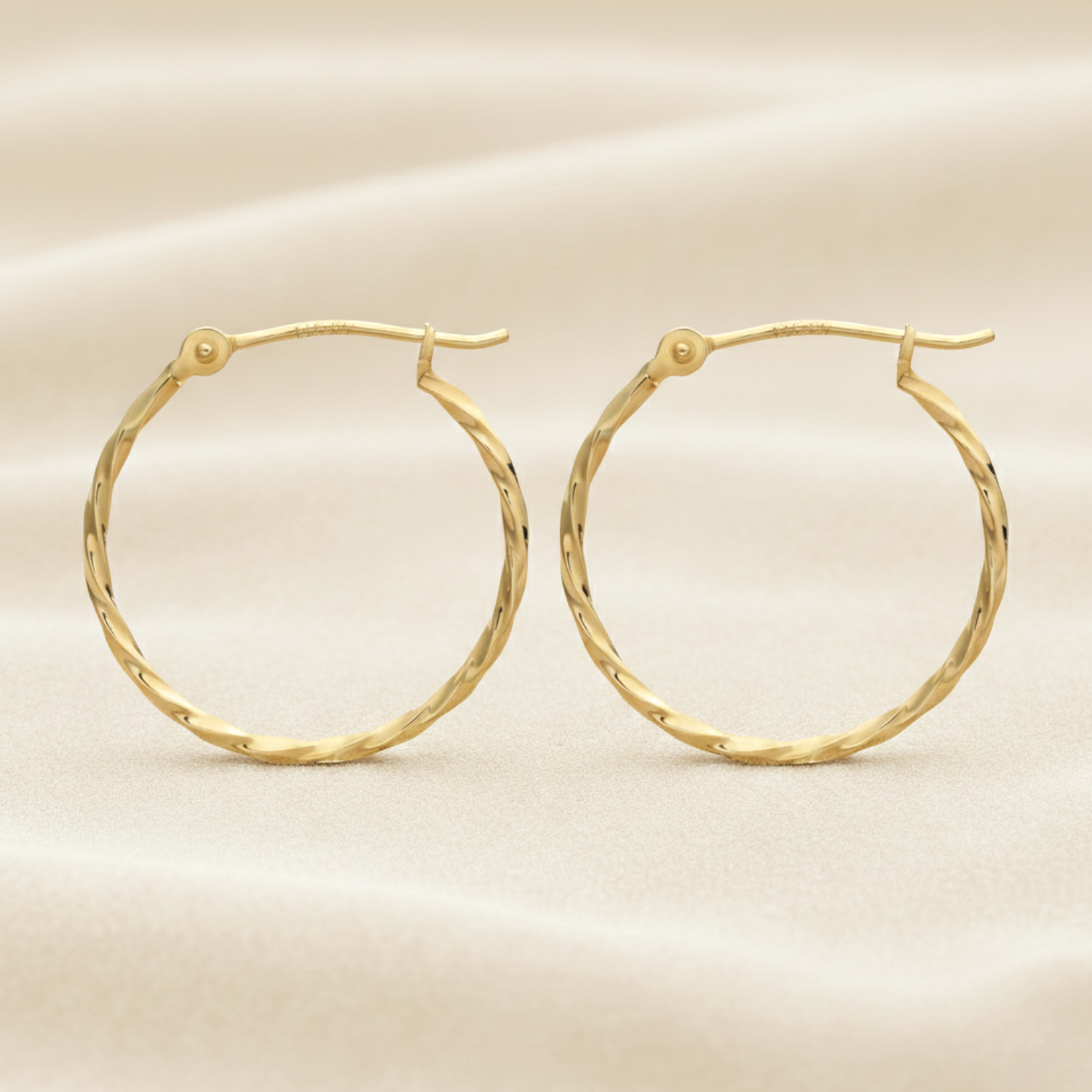 14K Yellow Gold Thin Twisted Hoop Earrings, 1mm