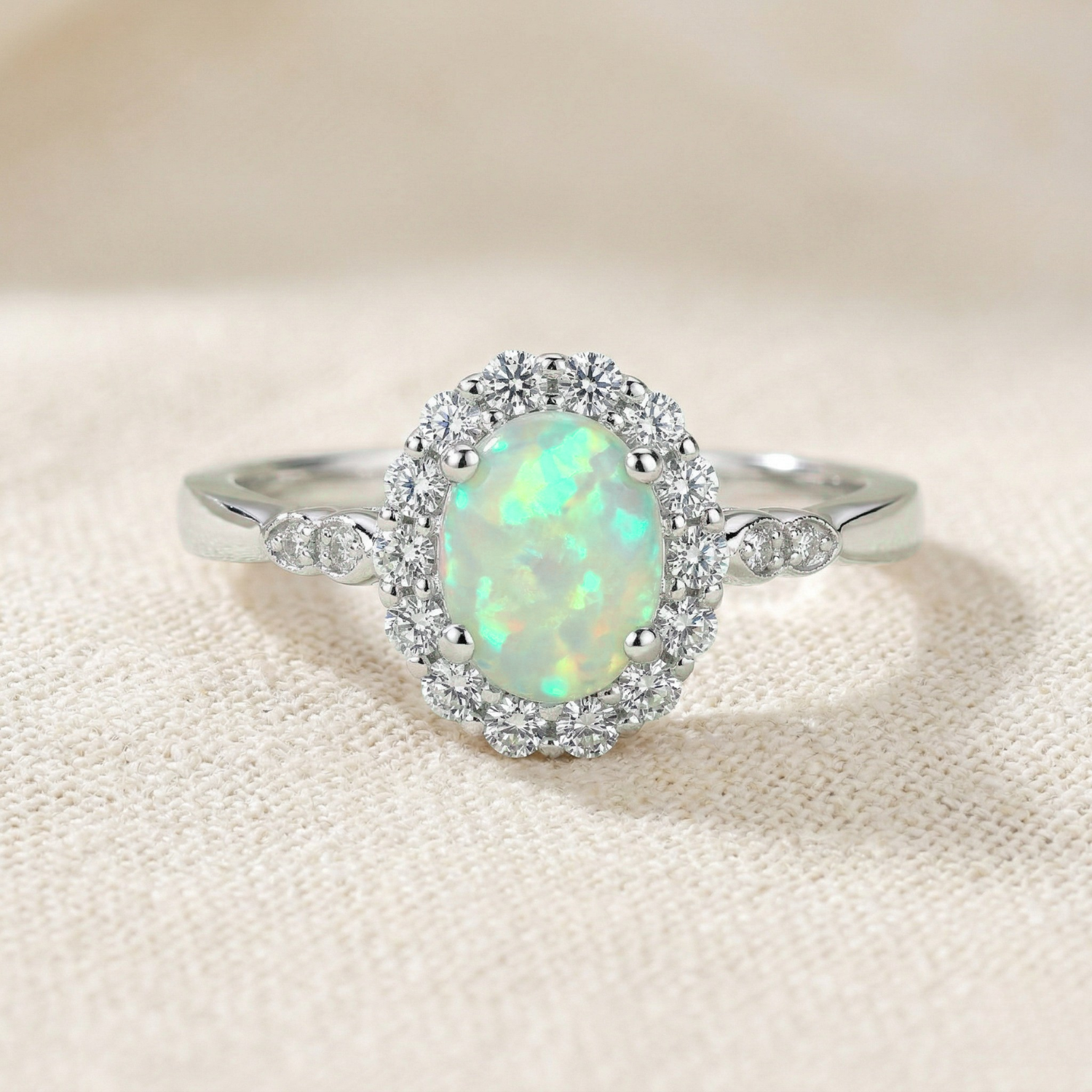 Sterling Silver Fire Opal Oval Ring, With CZ Halo