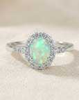 Sterling Silver Fire Opal Oval Ring, With CZ Halo