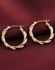 14K Gold Two-Tone Twisted Hoop Earrings With Engraved Diamond-Cuts