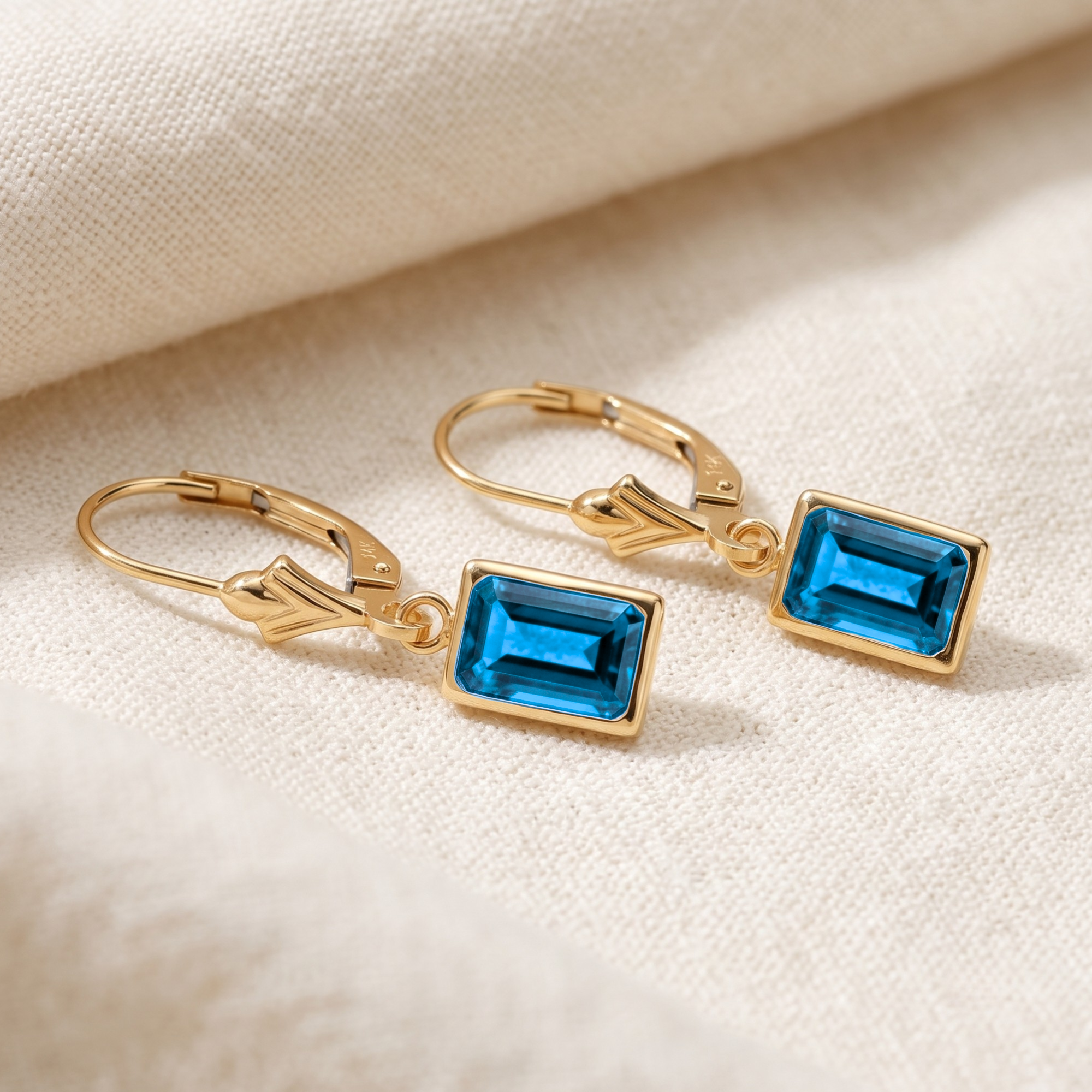 14K Gold Natural London Blue Topaz Emerald-Cut Gemstone Drop Earrings
