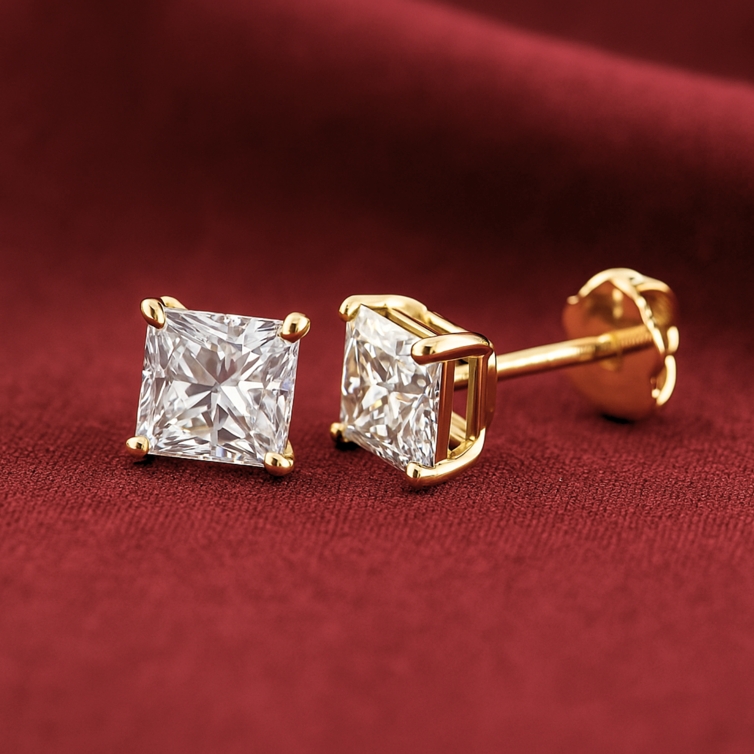 14K Yellow Gold Lab Diamond Princess-Cut Stud Earrings, Screwback