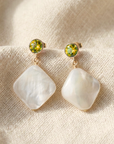 14K Gold Natural Peridot With Mother Of Pearl Drop Earrings