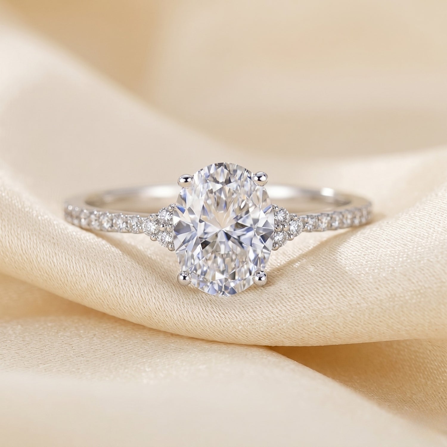 14K White Gold Oval-Shaped Solitaire 1.5 Carat Engagement Ring With Side Stones