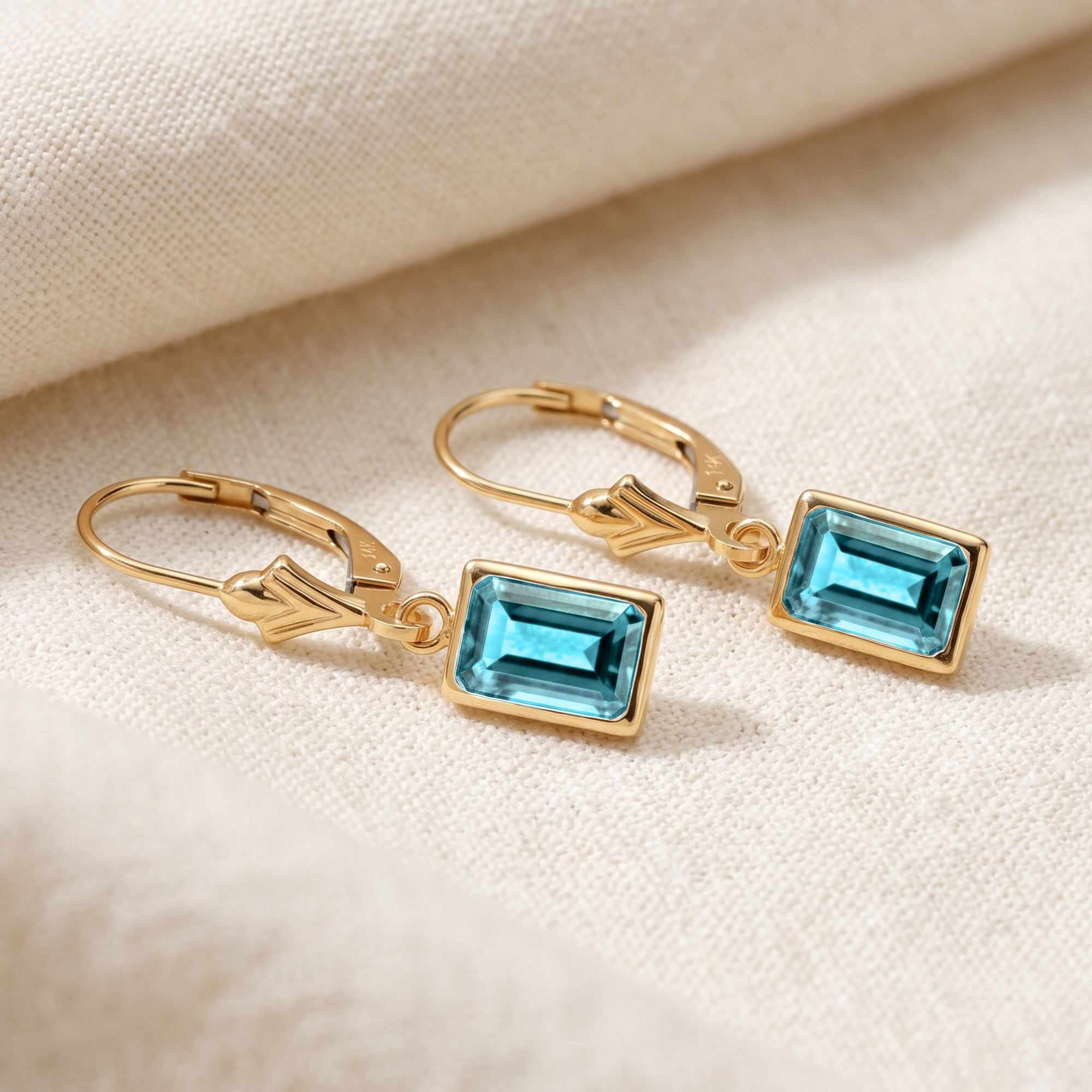 14K Gold Natural Sky Blue Topaz Emerald-Cut Gemstone Drop Earrings